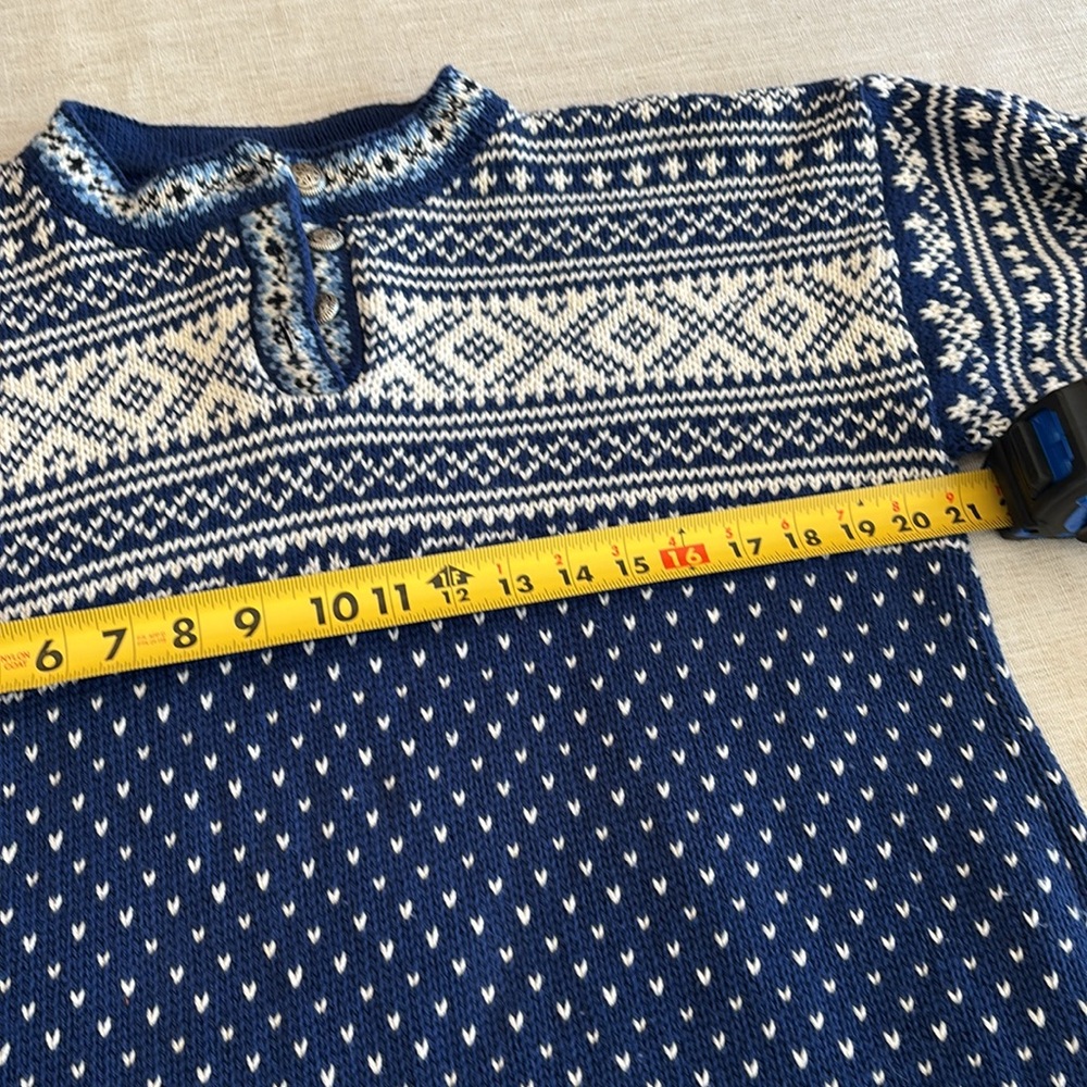 LL Bean Women's Blue White Fair Isle Cotton Crewneck 3 Button Sweater Medium - Picture 11 of 13